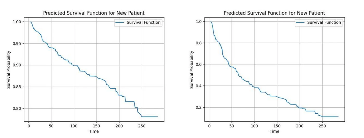 Fig. 4 from "Augmenting Heart Failure Detection with AI: A Clinical Approach": Predicted survival curves for two patients.